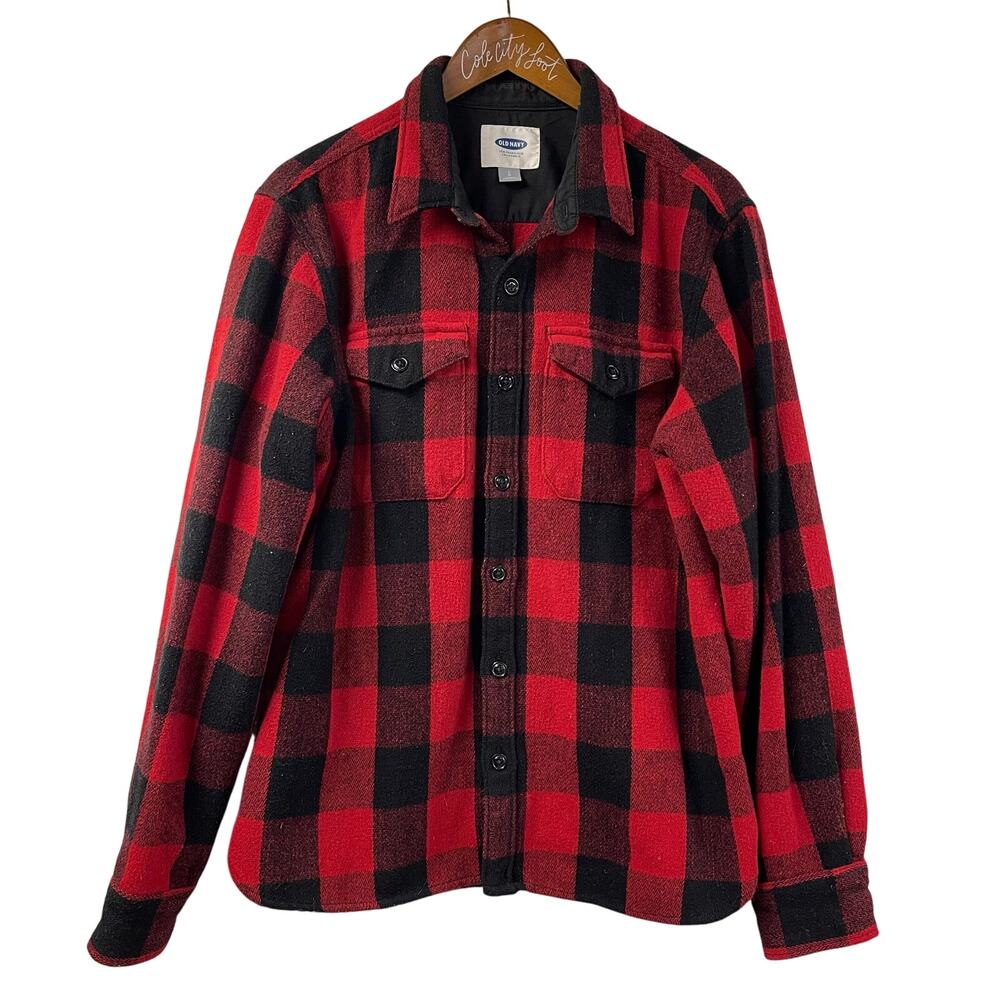 Buffalo Plaid Shacket Mens Large Old Navy Wool Blend Shirt Jacket Red Black